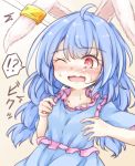  !? 1girl animal_ears blue_dress blue_hair blush dress ear_clip hands_on_own_breasts long_hair low_twintails neko_mata one_eye_closed open_mouth rabbit_ears red_eyes seiran_(touhou) solo touhou twintails upper_body 