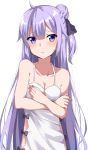  1girl absurdres ahoge azur_lane bangs bare_arms bare_shoulders black_bow black_ribbon blush bow breasts cleavage collarbone commentary_request dress eyebrows_visible_through_hair hair_between_eyes hair_bun hair_ribbon halterneck highres kohakope long_hair one_side_up parted_lips purple_hair ribbon simple_background small_breasts solo unicorn_(azur_lane) upper_body very_long_hair violet_eyes white_background white_dress 