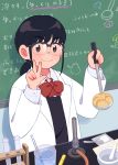  1girl 49s-aragon bangs black_hair blush bow chalkboard glasses highres labcoat laboratory ladle long_hair long_sleeves necktie original ponytail red_bow red_neckwear smile solo spoon test_tube thermometer upper_body w 