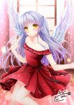  1girl angel_beats! angel_wings bare_shoulders blush chibinon collarbone column commentary_request dress eyebrows_visible_through_hair lens_flare light_smile long_hair pillar red_dress ribbon solo strapless strapless_dress tachibana_kanade v white_hair window wings yellow_eyes 