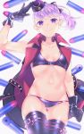  1girl akapug621 arm_up ass_visible_through_thighs bangs bikini black_bow black_coat black_footwear black_gloves black_hat blunt_bangs boots bow breasts bullet cleavage coat collarbone cowboy_shot eyebrows_visible_through_hair fate/grand_order fate_(series) floating_hair gloves hair_bow hat open_clothes open_coat ponytail purple_bikini purple_hair shiny shiny_hair short_hair sleeveless_coat small_breasts solo standing swimsuit thigh-highs thigh_boots thigh_gap violet_eyes 