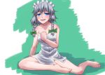  1girl bare_legs bare_shoulders barefoot blue_eyes blush bow braid breasts eyebrows_visible_through_hair feet full_body green_bow hair_bow highres izayoi_sakuya legs looking_at_viewer maid_headdress medium_hair multiple_hair_bows nakamura_append naked_towel nude open_mouth silver_hair simple_background sitting smile solo toes touhou towel twin_braids 