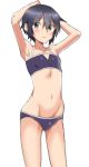  1girl armpits arms_behind_head arms_up bikini black_bikini black_hair blush breasts brown_eyes closed_mouth expressionless kino kino_no_tabi looking_at_viewer midriff minami_(y-r-h998d) navel short_hair simple_background small_breasts solo swimsuit white_background 