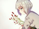1girl angst aoba_moca bang_dream! bangs crying crying_with_eyes_open eyebrows_visible_through_hair flower flower_request from_side green_eyes green_skirt grey_hair nyacha_(tya_n_ya) profile shirt short_hair simple_background skirt solo tears white_background