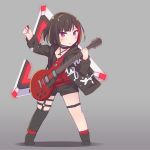  1girl :o ayasaka bang_dream! bangs black_choker black_footwear black_hair black_legwear black_shorts bob_cut boots choker commentary_request electric_guitar full_body grey_background guitar holding holding_instrument hood hood_down hooded_jacket instrument jacket jewelry kneehighs long_sleeves looking_at_viewer mitake_ran multicolored_hair pendant plectrum red_shirt redhead shirt short_hair short_shorts shorts single_kneehigh solo standing streaked_hair thigh_strap v-shaped_eyebrows violet_eyes 
