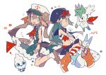  2girls :d alternate_costume anchor_symbol ascot auko beret black_hat black_skirt blue_hair blue_skirt boots bow brown_footwear brown_hair closed_mouth creatures_(company) crop_top double_bun full_body fur-trimmed_skirt game_freak gen_4_pokemon gen_5_pokemon gloves hair_ornament hair_ribbon hairclip hat hat_bow hikari_(pokemon) kneehighs light_blue_eyes loafers long_hair looking_at_viewer mei_(pokemon) miniskirt multiple_girls navel nintendo open_mouth orange_footwear pachirisu pleated_skirt pokemon pokemon_(creature) pokemon_(game) pokemon_bw2 pokemon_dppt red_bow red_neckwear ribbon shaymin shoes skirt smile socks straight_hair striped striped_legwear suspender_skirt suspenders twintails vanillite white_gloves white_hat white_legwear 