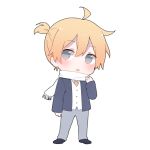  1boy :o ahoge blazer blonde_hair blue_eyes blush chibi clenched_hand full_body grey_pants jacket kagamine_len long_sleeves looking_at_viewer lowres male_focus mimengfeixue necktie pants ponytail scarf school_uniform shirt shoes simple_background solo standing vocaloid white_background white_scarf white_shirt yellow_neckwear 