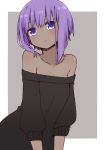  1girl alternate_costume bangs bare_shoulders black_sweater blush breasts closed_mouth collarbone eyebrows_visible_through_hair fate/prototype fate/prototype:_fragments_of_blue_and_silver fate_(series) grey_background hair_between_eyes hassan_of_serenity_(fate) head_tilt i.u.y long_sleeves off-shoulder_sweater off_shoulder puffy_long_sleeves puffy_sleeves purple_hair sidelocks small_breasts solo sweater two-tone_background violet_eyes white_background 