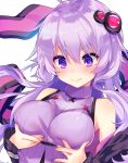  1girl ahoge al_bhed_eyes black_hoodie blush breast_grab breasts closed_mouth confused grabbing highres kurimochi_chizuru large_breasts long_hair looking_away looking_down purple_hair ribbed_shirt shirt sleeveless sleeveless_turtleneck solo tears turtleneck twintails upper_body violet_eyes vocaloid voiceroid yuzuki_yukari 