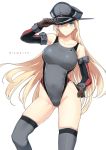  1girl alternate_costume bismarck_(kantai_collection) blonde_hair blue_eyes breasts collarbone competition_swimsuit contrapposto elbow_gloves gloves gluteal_fold grey_legwear grey_swimsuit hair_between_eyes hand_on_headwear hand_on_hip harukon_(halcon) hat highleg highleg_swimsuit highres kantai_collection large_breasts long_hair military_hat one-piece_swimsuit simple_background smile solo swimsuit thigh-highs very_long_hair white_background 