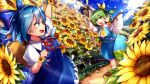  2girls ascot blue_eyes blue_hair blue_ribbon blue_skirt blue_sky blue_vest cirno clouds daiyousei dress eyebrows_visible_through_hair fairy_wings fence field flower flower_field garden_of_the_sun green_eyes green_hair hair_between_eyes hair_ribbon highres ice ice_wings marutenmaruten multiple_girls open_mouth pinafore_dress puffy_short_sleeves puffy_sleeves red_neckwear red_ribbon ribbon running short_sleeves skirt sky snowflake_ornament sunflower touhou upper_teeth vest wings yellow_ribbon 