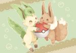  :d collet_(pixiv17839028) commentary_request creature creatures_(company) eevee eye_contact full_body game_freak gen_1_pokemon gen_4_pokemon happy highres leafeon looking_at_another nintendo no_humans open_mouth poke_ball poke_ball_(generic) pokemon pokemon_(creature) smile 