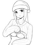  1girl blush bra breasts christmas cleavage copyright_request donburikazoku hat long_hair long_sleeves looking_at_viewer monochrome simple_background solo sweater underwear undressing white_background 