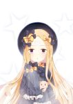  1girl :o abigail_williams_(fate/grand_order) bangs black_bow black_dress black_hat blonde_hair blue_eyes bow commentary_request crossed_bandaids dress eyebrows_visible_through_hair fate/grand_order fate_(series) hair_bow hand_up hat long_hair long_sleeves looking_at_viewer object_hug orange_bow parted_bangs parted_lips polka_dot polka_dot_bow shao_yu sleeves_past_fingers sleeves_past_wrists solo star starry_background stuffed_animal stuffed_toy teddy_bear upper_body very_long_hair 