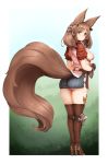  1girl animal_ear_fluff animal_ears ass barbariank belt boots breasts brown_footwear brown_gloves brown_hair commentary earrings english_commentary eyebrows_visible_through_hair fluffy from_behind full_body gloves granblue_fantasy high_heel_boots high_heels highres hip_vent jewelry la_coiffe_(granblue_fantasy) large_breasts long_hair looking_at_viewer panties puffy_short_sleeves puffy_sleeves short_sleeves smile solo tail thigh-highs thigh_boots underwear white_panties 