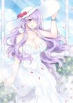  1girl alternate_costume arm_up blue_sky breasts camilla_(fire_emblem_if) cleavage clouds day dress fire_emblem fire_emblem_if flower hair_over_one_eye hand_on_headwear hat hat_flower highres large_breasts long_hair nintendo open_mouth petals plushcharm purple_hair sitting sky solo sun_hat twitter_username violet_eyes white_dress white_hat 
