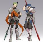  2boys achilles_(fate) arm_up armored_boots asaya_minoru bangs black_pants blue_hair boots cu_chulainn_(fate/prototype) eyebrows_visible_through_hair fate/apocrypha fate/prototype fate_(series) fur_trim gloves gradient gradient_background green_hair grey_background hair_between_eyes hand_on_hip holding holding_spear holding_weapon knee_boots long_hair low_ponytail male_focus multiple_boys open_mouth orange_eyes pants parted_lips pauldrons polearm ponytail puffy_pants spear standing twitter_username v-shaped_eyebrows vambraces weapon white_background 