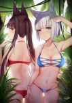  2girls absurdres akagi_(azur_lane) animal_ear_fluff animal_ears arm_up armpits ass azur_lane bangs bare_shoulders bikini blue_bikini blue_eyes blunt_bangs blush bob_cut breasts butt_crack cleavage closed_mouth commentary_request cowboy_shot cross-laced_clothes dated day eyebrows_visible_through_hair fang_out finger_to_mouth fox_ears fox_girl fox_tail gluteal_fold groin halterneck hand_on_own_thigh highres kaga_(azur_lane) large_breasts long_hair medium_hair multiple_girls navel outdoors ponytail profile red_bikini red_eyes short_hair sidelocks signature silver_hair skindentation smile stomach sunlight sweat swimsuit tail taitai thigh_gap tree wrist_cuffs 