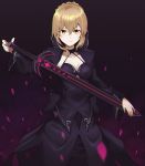  1girl artoria_pendragon_(all) black_background black_shirt black_skirt blonde_hair breasts choker cleavage collarbone dark_excalibur fate/stay_night fate_(series) formal hair_between_eyes highres holding holding_sword holding_weapon joo000118 long_sleeves looking_at_viewer medium_breasts saber_alter shiny shiny_hair shirt short_hair shrug_(clothing) skirt skirt_suit sleeveless sleeveless_shirt solo suit sword weapon yellow_eyes 