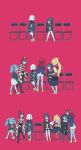  6+girls absurdres bandage black_hair blonde_hair blue_hair blue_skin bow brown_hair chair eating flower folding_chair glider_(artist) grin hair_bow hair_flower hair_ornament highres hoshikawa_lily konno_junko minamoto_sakura mizuno_ai multicolored_hair multiple_girls nikaidou_saki off_shoulder patchwork_skin red_background redhead scar skirt slippers smile squid star star_hair_ornament stitched stitches streaked_hair third-party_edit yamada_tae yuugiri_(zombie_land_saga) zombie_land_saga 