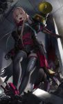  2girls absurdres armband assault_rifle building coat commentary_request concrete girls_frontline gun headgear highres indoors leotard long_hair loudspeaker m4_carbine m4_sopmod_ii m4_sopmod_ii_(girls_frontline) mechanical_arm multicolored_hair multiple_girls open_clothes open_coat open_mouth pink_hair prosthesis prosthetic_arm purple_hair purple_legwear red_eyes rifle solo sopmod streaked_hair thigh-highs weapon yusuke_gg 