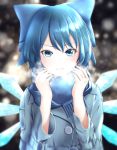  1girl arms_up blue_coat blue_eyes blue_hair blue_scarf blurry bokeh bow breath cirno depth_of_field expressionless hair_bow long_sleeves looking_at_viewer scarf shiny shiny_hair short_hair shuutsu snowing solo standing thick_eyebrows touhou upper_body wings 