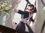  :d apron bangs black_dress black_hair blunt_bangs braided_bun commentary_request curtains dress dutch_angle flower frills from_behind gloves hair_bun hair_ornament hairclip kaku_choushi kantai_collection long_sleeves looking_at_viewer looking_back maid maid_apron maid_headdress myoukou_(kantai_collection) open_mouth smile vase violet_eyes white_gloves window 