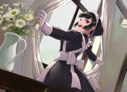  :d apron bangs black_dress black_hair blunt_bangs braided_bun commentary_request curtains dress dutch_angle flower frills from_behind gloves hair_bun hair_ornament hairclip kaku_choushi kantai_collection long_sleeves looking_at_viewer looking_back maid maid_apron maid_headdress myoukou_(kantai_collection) open_mouth smile vase violet_eyes white_gloves window 