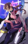  1girl 55level black_gloves blue_eyes bodysuit breasts brown_hair eyebrows_visible_through_hair glasses gloves hairband highres long_hair looking_at_viewer looking_to_the_side makinami_mari_illustrious medium_breasts neon_genesis_evangelion pink_bodysuit plugsuit ponytail rebuild_of_evangelion red-framed_eyewear sitting smile solo 