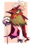  bird border brown_eyes cape closed_mouth commentary_request frown full_body highres hisuian_decidueye holding holding_sword holding_weapon no_humans pkpokopoko3 pokemon pokemon_(creature) red_cape red_pupils red_ribbon ribbon solo sword weapon white_border 