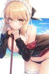  1girl apron artoria_pendragon_(all) artoria_pendragon_(swimsuit_rider_alter) bangs bare_shoulders beach bikini black_bikini black_ribbon blonde_hair blush braid breasts cleavage curvy day ellow_eyes eyebrows_visible_through_hair fate/grand_order fate_(series) frills highres jacket leaning_forward leaning_on_object leg_garter looking_at_viewer maid_bikini maid_headdress medium_breasts mop motokonut navel off_shoulder open_clothes outdoors outside_border ribbon short_hair sidelocks solo swimsuit wet 