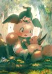  blush bow caterpie caterpillar closed_eyes commentary_request creatures_(company) eevee forest game_freak gen_1_pokemon gen_4_pokemon highres manino_(mofuritaionaka) mime_jr. mr._mime nature nintendo no_humans open_mouth pikachu pokemon pokemon_(creature) signature sitting tree tree_stump weedle 