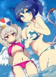  2girls alternate_hairstyle animal_ears arms_up ass_visible_through_thighs ball bangs bare_arms bare_shoulders beachball bikini blue_bikini blue_eyes blue_hair blue_sky blush breasts clouds commentary_request cowboy_shot day doremy_sweet dutch_angle eyebrows_visible_through_hair feathered_wings grey_jacket groin hair_between_eyes halterneck hand_up highres holding holding_ball huge_breasts jacket jitome kishin_sagume large_breasts lens_flare light_particles long_sleeves looking_at_viewer multiple_girls navel navel_piercing no_hat no_headwear open_clothes open_jacket outdoors piercing polka_dot polka_dot_bikini purple_bikini red_eyes sakaki_(utigi) short_hair short_ponytail side-tie_bikini sidelocks silver_hair single_wing sky smile standing stomach stomach_tattoo swimsuit tail tapir_ears tapir_tail tattoo thighs touhou wading water white_wings wings 