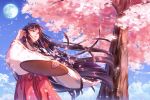  1girl arm_up bangs black_hair blue_sky brown_eyes cherry_blossoms closed_mouth clouds commentary_request eyebrows_visible_through_hair flower full_moon hair_tucking hakama holding inuyasha japanese_clothes kikyou_(inuyasha) long_hair long_sleeves miko moon outdoors petals red_hakama sky smile solo straight_hair teardrops_(user_vgvd7733) tree wide_sleeves wind wind_lift 