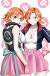  2girls alfred_cullado aqua_eyes bare_shoulders blush breasts cleavage cleavage_cutout fingerless_gloves gloves hand_on_hip highres jacket large_breasts looking_at_viewer looking_back multiple_girls nora_valkyrie orange_hair patreon_logo patreon_username pink_gloves pink_skirt rwby short_hair skirt smile standing watermark web_address white_background 