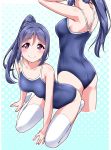  1girl ass between_legs blue_background blue_hair blue_swimsuit blush collarbone commentary_request competition_school_swimsuit from_behind halftone halftone_background hand_between_legs leaning_forward long_hair looking_at_viewer love_live! love_live!_sunshine!! matsuura_kanan multiple_views no_shoes one-piece_swimsuit outline school_swimsuit sidelocks sitting smile swimsuit thigh-highs violet_eyes white_legwear white_outline yopparai_oni 