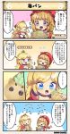  2girls 4koma ^_^ ananas_(flower_knight_girl) bangs blonde_hair blue_eyes blush bread breasts character_name closed_eyes closed_eyes comic costume_request crown flower_knight_girl food hat large_breasts light_brown_hair long_hair melon_bread mini_crown mob_cap multiple_girls pineapple_(flower_knight_girl) red_hood speech_bubble tagme translation_request violet_eyes 