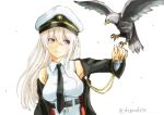  azur_lane bald_eagle belt bird black_belt black_coat black_neckwear chushou_wang coat collared_shirt commentary_request cowboy_shot eagle enterprise_(azur_lane) eyebrows_visible_through_hair hat highres military military_hat necktie open_clothes open_coat peaked_cap shirt silver_hair simple_background sleeveless sleeveless_shirt twitter_username underbust violet_eyes white_background white_hat 