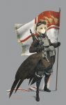  1girl asterisk_kome blonde_hair flag flagpole gloves goggles goggles_on_head grey_background gun highres low_wings military military_uniform original standing uniform weapon winged_fusiliers wings yellow_eyes 