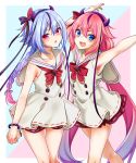  2girls arms_up blue_eyes bow cowboy_shot dress fang gradient_hair hairband horned_headwear long_hair low-tied_long_hair meika_hime meika_mikoto multicolored_hair multiple_girls pink_eyes pink_hair sailor_collar sailor_dress siblings streaked_hair twins twintails very_long_hair vocaloid yodare_(3yami8) 