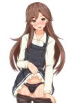  1girl arashio_(kantai_collection) black_panties blush brown_eyes brown_hair dress dress_lift dress_shirt kantai_collection linfa_lm long_hair looking_at_viewer open_mouth panties pantyhose pantyhose_pull pinafore_dress remodel shirt smile solo underwear 