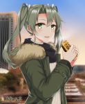  1girl alternate_costume blue_sky blurry blurry_background can cityscape cold commentary_request cowboy_shot green_eyes green_hair hair_between_eyes hair_ribbon highres holding holding_can ka_tsumi kantai_collection long_hair open_mouth outdoors parka ribbon side_ponytail sky solo sweater twintails twitter_username zuikaku_(kantai_collection) 