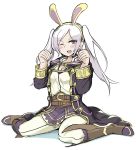  1girl animal_ears belt breasts brown_eyes cleavage fake_animal_ears female_my_unit_(fire_emblem:_kakusei) fire_emblem fire_emblem:_kakusei highres intelligent_systems long_hair long_sleeves my_unit_(fire_emblem:_kakusei) nintendo one_eye_closed open_mouth rabbit_ears simple_background sitting solo super_smash_bros. twintails user_csvj8884 white_background white_hair 