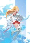  1girl armor armored_boots asuna_(sao) baraba_baba bare_shoulders blonde_hair boots braid breastplate brown_eyes clouds detached_sleeves flying_sweatdrops french_braid from_side highres long_hair rapier shield skirt solo sword sword_art_online thigh-highs thighs weapon 