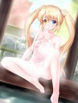  1girl barefoot blonde_hair blue_eyes breasts cleavage collarbone day dutch_angle floating_hair heterochromia long_hair looking_at_viewer nakatsu_shizuru naked_towel outdoors rewrite shiny shiny_hair sitting small_breasts smile solo steam tagame_(tagamecat) towel twintails very_long_hair white_towel yellow_eyes 