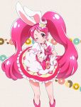  1girl ;) animal_ears boots cure_whip dress food_themed_hair_ornament gloves hair_ornament hand_on_hip kirakira_precure_a_la_mode magical_girl one_eye_closed pink_eyes pink_hair precure rabbit_ears smile strawberry_hair_ornament twintails usami_ichika v white_gloves zooya 