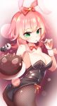  1girl animal_ears bangs bell blush breasts bunny_girl bunny_tail bunnysuit cake chii_aruel commentary eyebrows_visible_through_hair food fork green_eyes highres jijey long_hair looking_at_viewer medium_breasts neck_ribbon pink_hair rabbit_ears ribbon solo soul_worker tail 