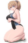  1girl :d bangs barefoot blue_eyes blush breasts brown_hair competition_swimsuit covered_navel dd_(ijigendd) eyebrows_visible_through_hair full_body hair_between_eyes highleg highleg_swimsuit highres intrepid_(kantai_collection) kantai_collection large_breasts looking_at_viewer one-piece_swimsuit open_mouth ponytail short_hair sideboob simple_background smile solo swimsuit white_background 