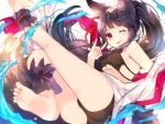  1girl animal_ears ass bare_shoulders barefoot bikini black_hair black_swimsuit blush breasts cleavage cuffs erune fox_ears fox_tail full_body granblue_fantasy long_hair looking_at_viewer midriff one_eye_closed ponytail red_eyes red_rope rope see-through smile solo sweetroad swimsuit tail thighs tongue tongue_out very_long_hair yuel_(granblue_fantasy) 