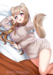  1girl absurdres animal_ears armpit_crease ass bare_shoulders bed_sheet breasts brown_hair chains cuffs dress hair_ornament handcuffs highres katou_shinobu large_breasts long_hair looking_at_viewer lying on_stomach raccoon_ears raccoon_girl raccoon_tail raphtalia restrained ribbed_sweater short_dress sideboob sleeveless sleeveless_dress solo sweater tail tate_no_yuusha_no_nariagari underwear upskirt violet_eyes wavy_mouth white_dress 